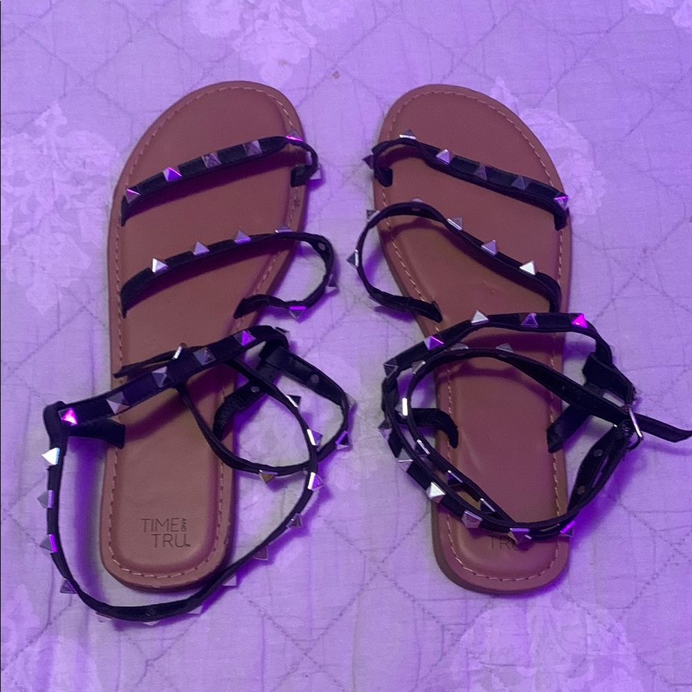 Time and Tru Black Studded Sandals